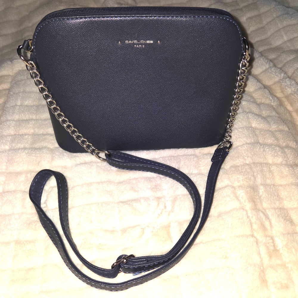 David Jones Paris Navy Blue Textured Faux Leather Crossbody Silver‎ Chain Strap